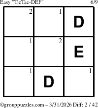 The grouppuzzles.com Easy TicTac-DEF puzzle for Tuesday March 31, 2026 with the first 2 steps marked