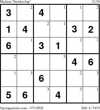 The grouppuzzles.com Medium Sudoku-6up puzzle for Tuesday March 31, 2026 with the first 3 steps marked