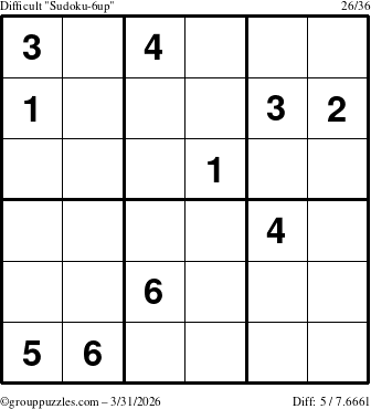 The grouppuzzles.com Difficult Sudoku-6up puzzle for Tuesday March 31, 2026