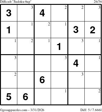 The grouppuzzles.com Difficult Sudoku-6up puzzle for Tuesday March 31, 2026 with the first 3 steps marked
