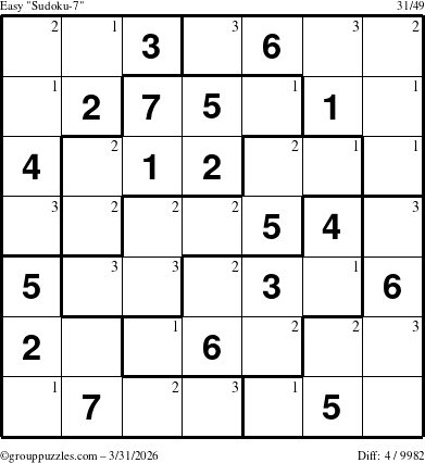 The grouppuzzles.com Easy Sudoku-7 puzzle for Tuesday March 31, 2026 with the first 3 steps marked