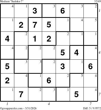 The grouppuzzles.com Medium Sudoku-7 puzzle for Tuesday March 31, 2026 with all 5 steps marked