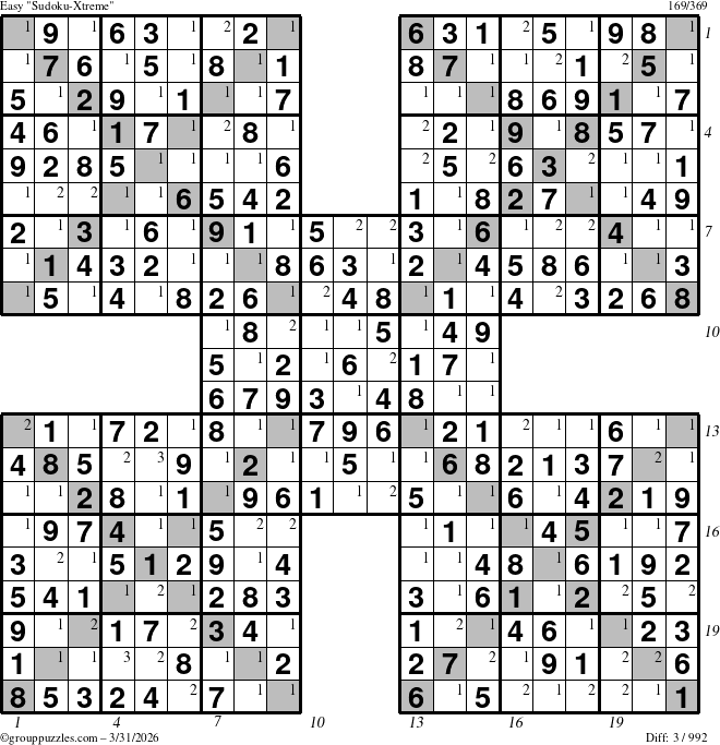 The grouppuzzles.com Easy Sudoku-Xtreme puzzle for Tuesday March 31, 2026, suitable for printing, with all 3 steps marked
