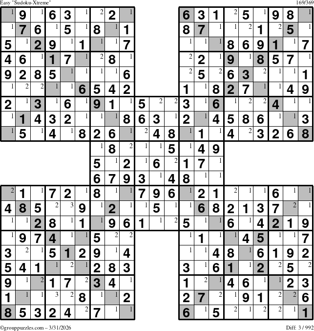 The grouppuzzles.com Easy Sudoku-Xtreme puzzle for Tuesday March 31, 2026 with the first 3 steps marked