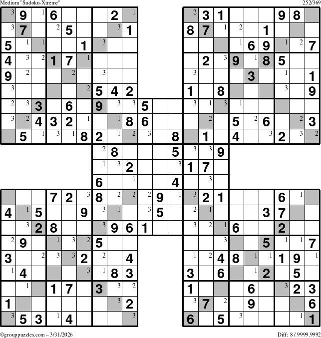 The grouppuzzles.com Medium Sudoku-Xtreme puzzle for Tuesday March 31, 2026 with the first 3 steps marked