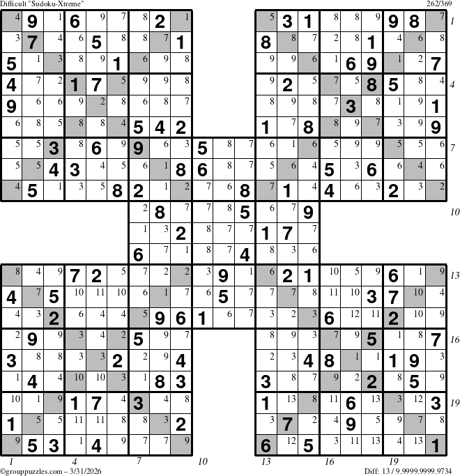 The grouppuzzles.com Difficult Sudoku-Xtreme puzzle for Tuesday March 31, 2026 with all 13 steps marked