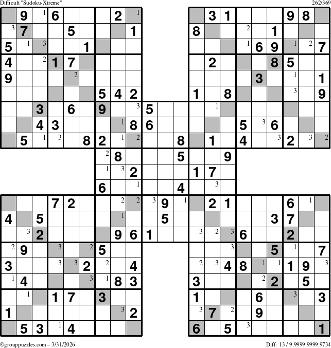 The grouppuzzles.com Difficult Sudoku-Xtreme puzzle for Tuesday March 31, 2026 with the first 3 steps marked