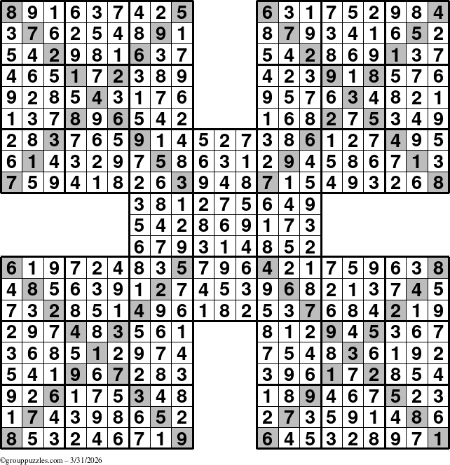 The grouppuzzles.com Answer grid for the Sudoku-Xtreme puzzle for Tuesday March 31, 2026