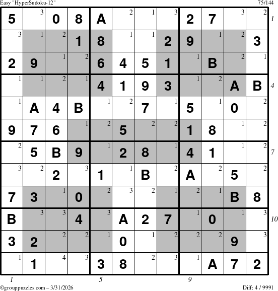 The grouppuzzles.com Easy HyperSudoku-12 puzzle for Tuesday March 31, 2026 with all 4 steps marked