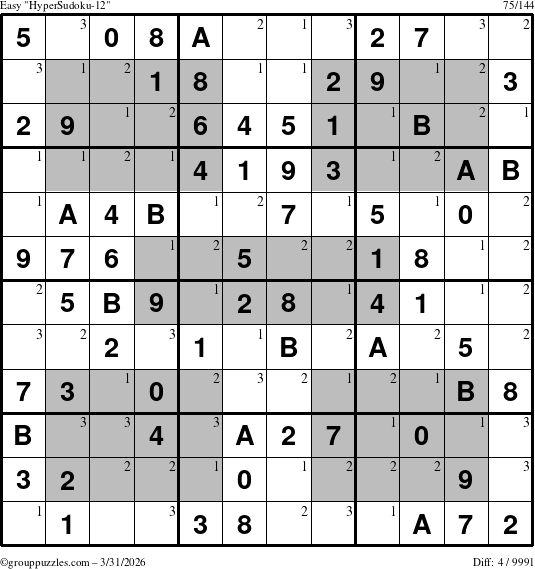 The grouppuzzles.com Easy HyperSudoku-12 puzzle for Tuesday March 31, 2026 with the first 3 steps marked