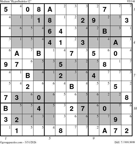 The grouppuzzles.com Medium HyperSudoku-12 puzzle for Tuesday March 31, 2026, suitable for printing, with all 7 steps marked