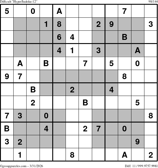 The grouppuzzles.com Difficult HyperSudoku-12 puzzle for Tuesday March 31, 2026