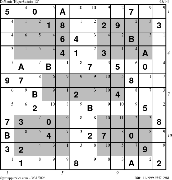 The grouppuzzles.com Difficult HyperSudoku-12 puzzle for Tuesday March 31, 2026, suitable for printing, with all 11 steps marked