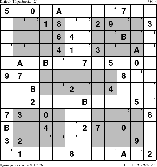 The grouppuzzles.com Difficult HyperSudoku-12 puzzle for Tuesday March 31, 2026 with the first 3 steps marked