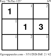 The grouppuzzles.com Easy TicTac-123 puzzle for Tuesday March 31, 2026 with the first 2 steps marked