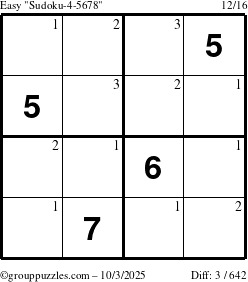 The grouppuzzles.com Easy Sudoku-4-5678 puzzle for Friday October 3, 2025 with the first 3 steps marked