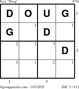 The grouppuzzles.com Easy Doug puzzle for Friday October 3, 2025 with all 3 steps marked
