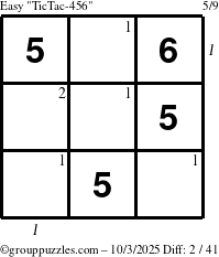 The grouppuzzles.com Easy TicTac-456 puzzle for Friday October 3, 2025 with all 2 steps marked