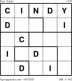 The grouppuzzles.com Easy Cindy puzzle for Friday October 3, 2025