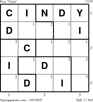 The grouppuzzles.com Easy Cindy puzzle for Friday October 3, 2025 with all 3 steps marked