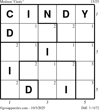The grouppuzzles.com Medium Cindy puzzle for Friday October 3, 2025 with all 3 steps marked