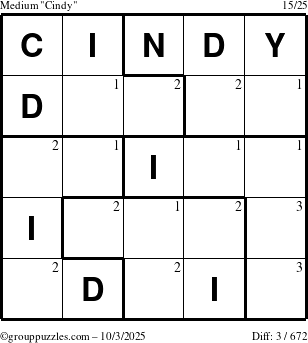 The grouppuzzles.com Medium Cindy puzzle for Friday October 3, 2025 with the first 3 steps marked