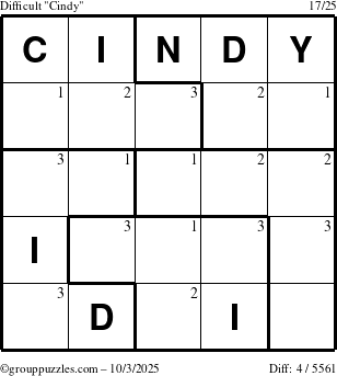 The grouppuzzles.com Difficult Cindy puzzle for Friday October 3, 2025 with the first 3 steps marked