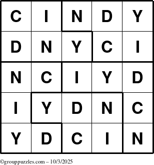The grouppuzzles.com Answer grid for the Cindy puzzle for Friday October 3, 2025