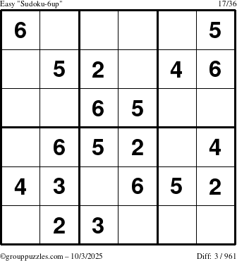 The grouppuzzles.com Easy Sudoku-6up puzzle for Friday October 3, 2025