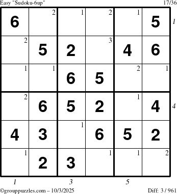 The grouppuzzles.com Easy Sudoku-6up puzzle for Friday October 3, 2025 with all 3 steps marked