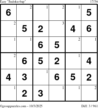 The grouppuzzles.com Easy Sudoku-6up puzzle for Friday October 3, 2025 with the first 3 steps marked