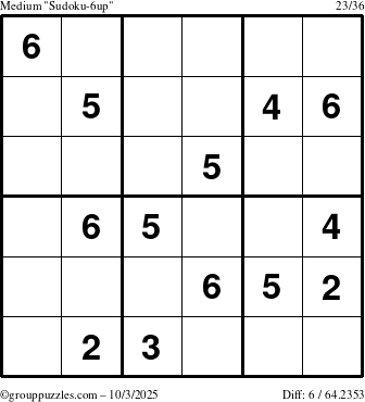 The grouppuzzles.com Medium Sudoku-6up puzzle for Friday October 3, 2025