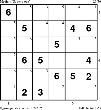 The grouppuzzles.com Medium Sudoku-6up puzzle for Friday October 3, 2025 with all 6 steps marked