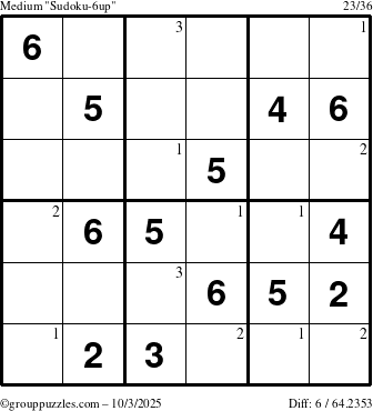The grouppuzzles.com Medium Sudoku-6up puzzle for Friday October 3, 2025 with the first 3 steps marked