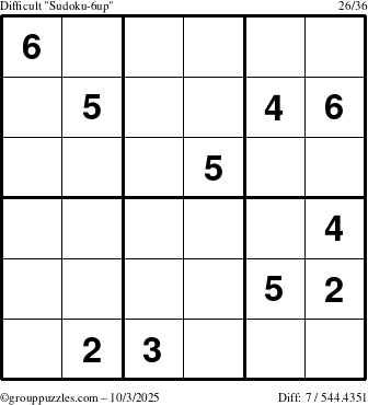 The grouppuzzles.com Difficult Sudoku-6up puzzle for Friday October 3, 2025