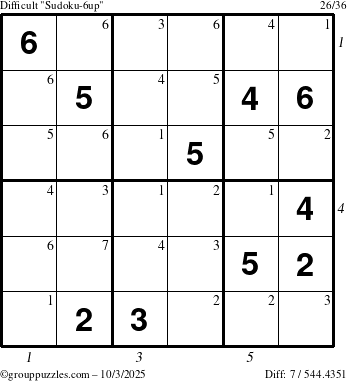 The grouppuzzles.com Difficult Sudoku-6up puzzle for Friday October 3, 2025 with all 7 steps marked