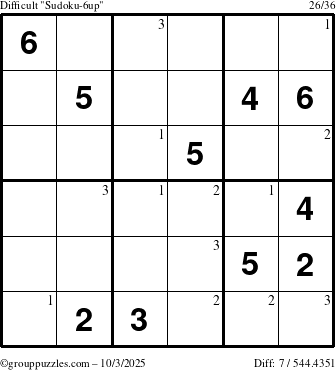 The grouppuzzles.com Difficult Sudoku-6up puzzle for Friday October 3, 2025 with the first 3 steps marked