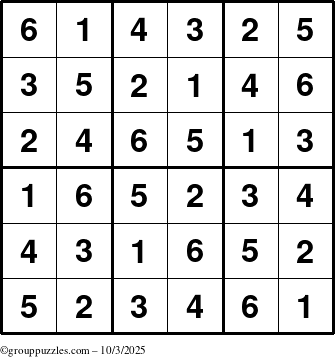The grouppuzzles.com Answer grid for the Sudoku-6up puzzle for Friday October 3, 2025