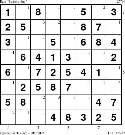 The grouppuzzles.com Easy Sudoku-8up puzzle for Friday October 3, 2025 with all 3 steps marked