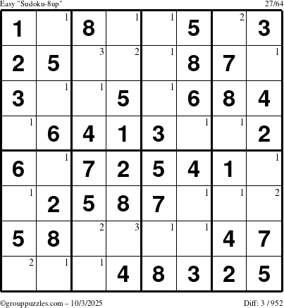 The grouppuzzles.com Easy Sudoku-8up puzzle for Friday October 3, 2025 with the first 3 steps marked