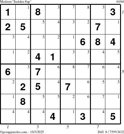The grouppuzzles.com Medium Sudoku-8up puzzle for Friday October 3, 2025 with all 8 steps marked
