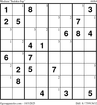 The grouppuzzles.com Medium Sudoku-8up puzzle for Friday October 3, 2025 with the first 3 steps marked