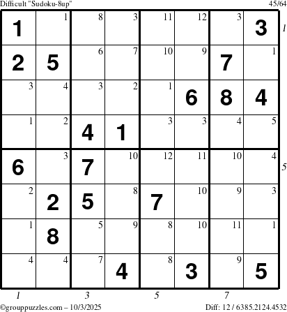 The grouppuzzles.com Difficult Sudoku-8up puzzle for Friday October 3, 2025 with all 12 steps marked