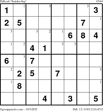 The grouppuzzles.com Difficult Sudoku-8up puzzle for Friday October 3, 2025 with the first 3 steps marked