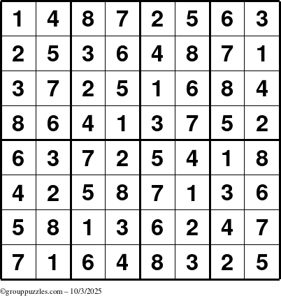 The grouppuzzles.com Answer grid for the Sudoku-8up puzzle for Friday October 3, 2025