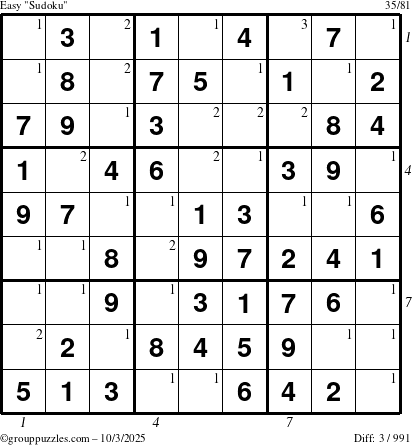 The grouppuzzles.com Easy Sudoku puzzle for Friday October 3, 2025 with all 3 steps marked