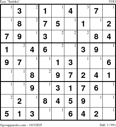 The grouppuzzles.com Easy Sudoku puzzle for Friday October 3, 2025 with the first 3 steps marked