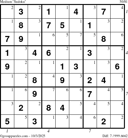 The grouppuzzles.com Medium Sudoku puzzle for Friday October 3, 2025 with all 7 steps marked