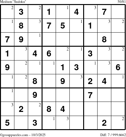 The grouppuzzles.com Medium Sudoku puzzle for Friday October 3, 2025 with the first 3 steps marked