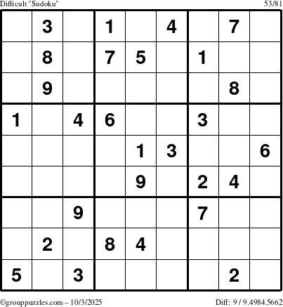 The grouppuzzles.com Difficult Sudoku puzzle for Friday October 3, 2025